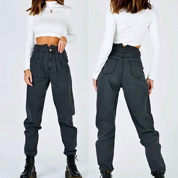 Princess Polly High Waisted Pleat Jeans Washed Black US 4 - Picture 1 of 11